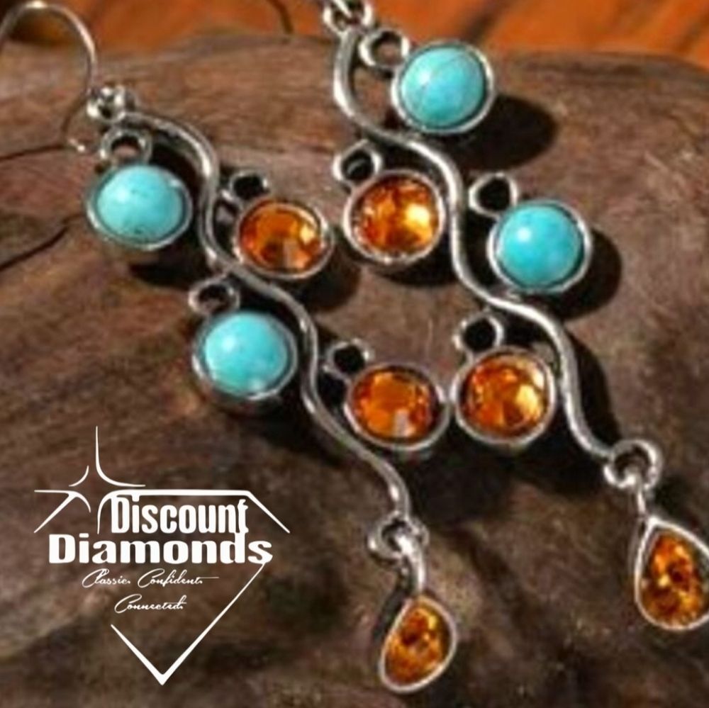 Natural Turquoise & Citrine Dangle Drop French Hook Earrings on Sterling Silver 